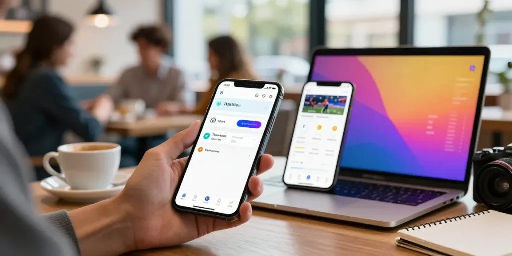 Engaging mobile app interface for ポイ活 アプリ with user swiping predictions in a coffee shop.