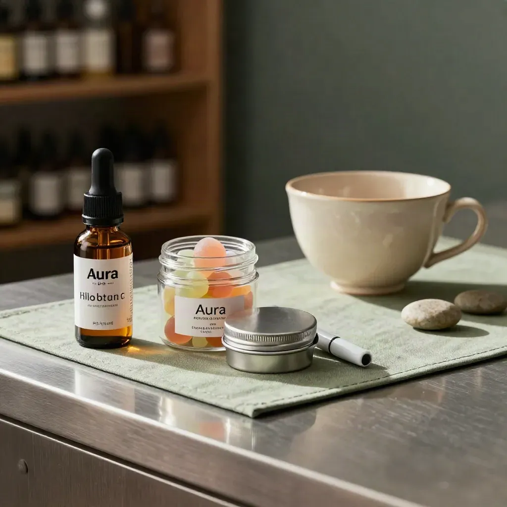 CBD consult setup with tincture, gummies, topical tin, tea cup, and stone markers on a linen mat