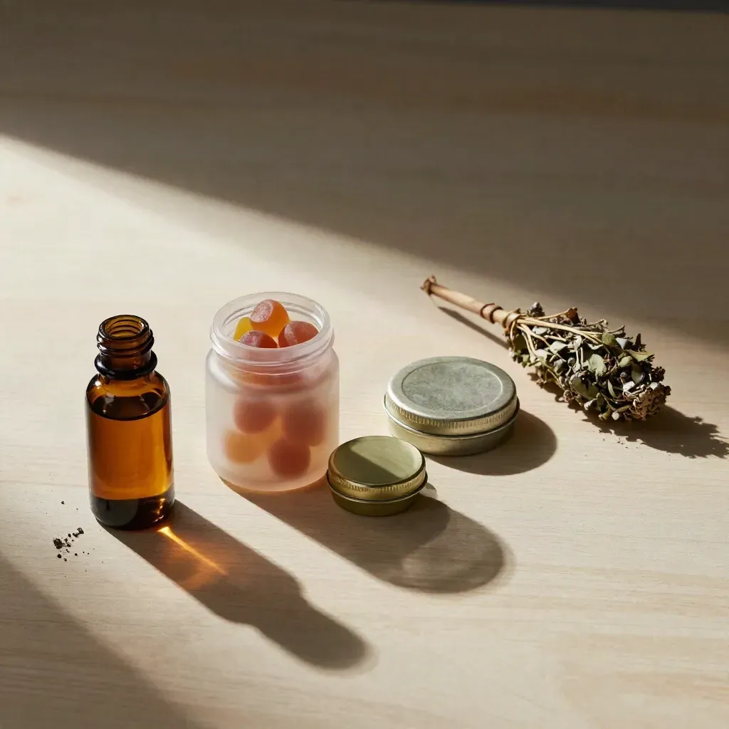 CBD recovery education still life with tincture, gummies, topical tin, herb bundle, and stone index.