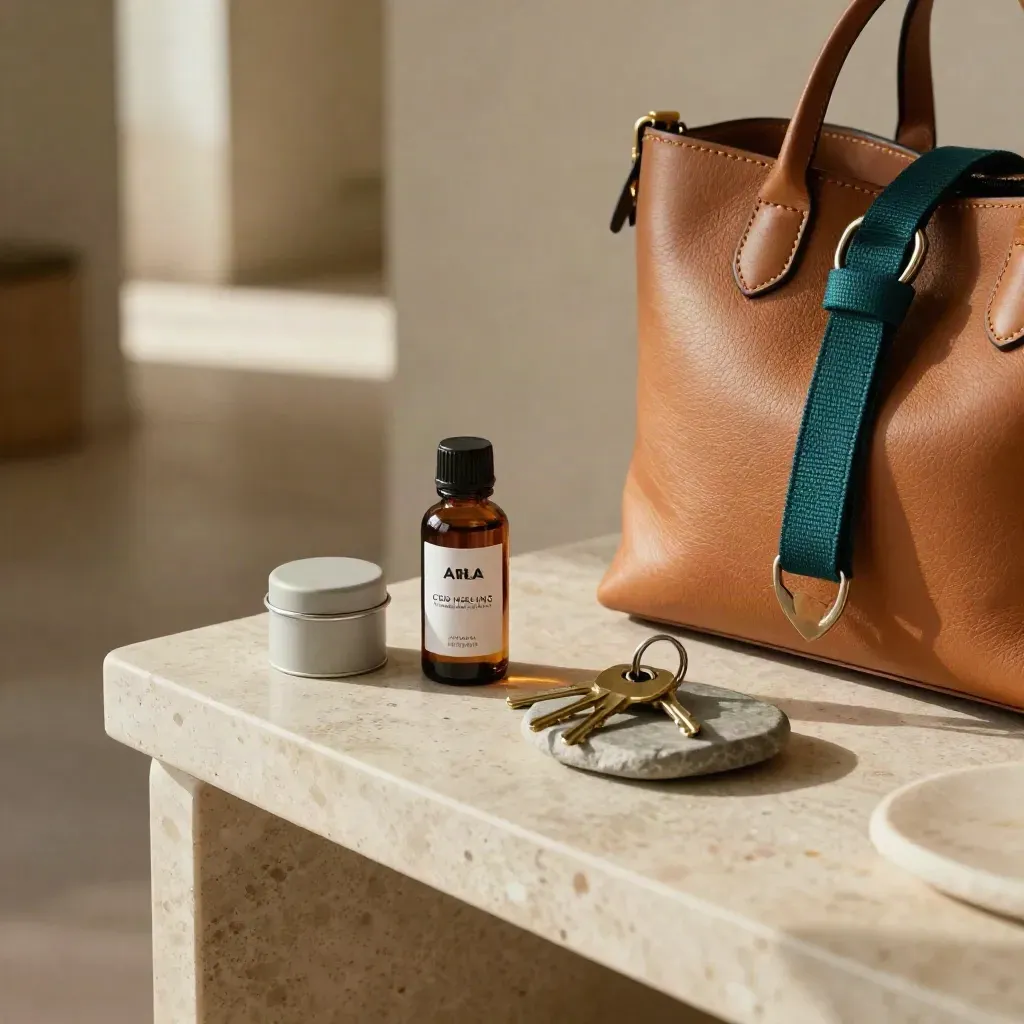 CBD tincture kit by an entry console with keys, gummy tin, stone tray and leather bag in warm sun