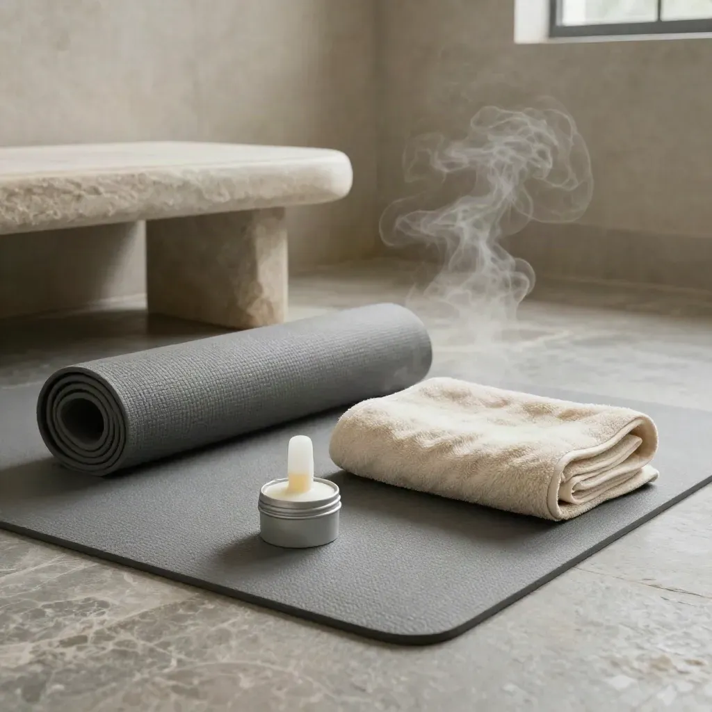 Topical balm, roll-on, towel, compress and yoga mat in a steamy stone recovery room.