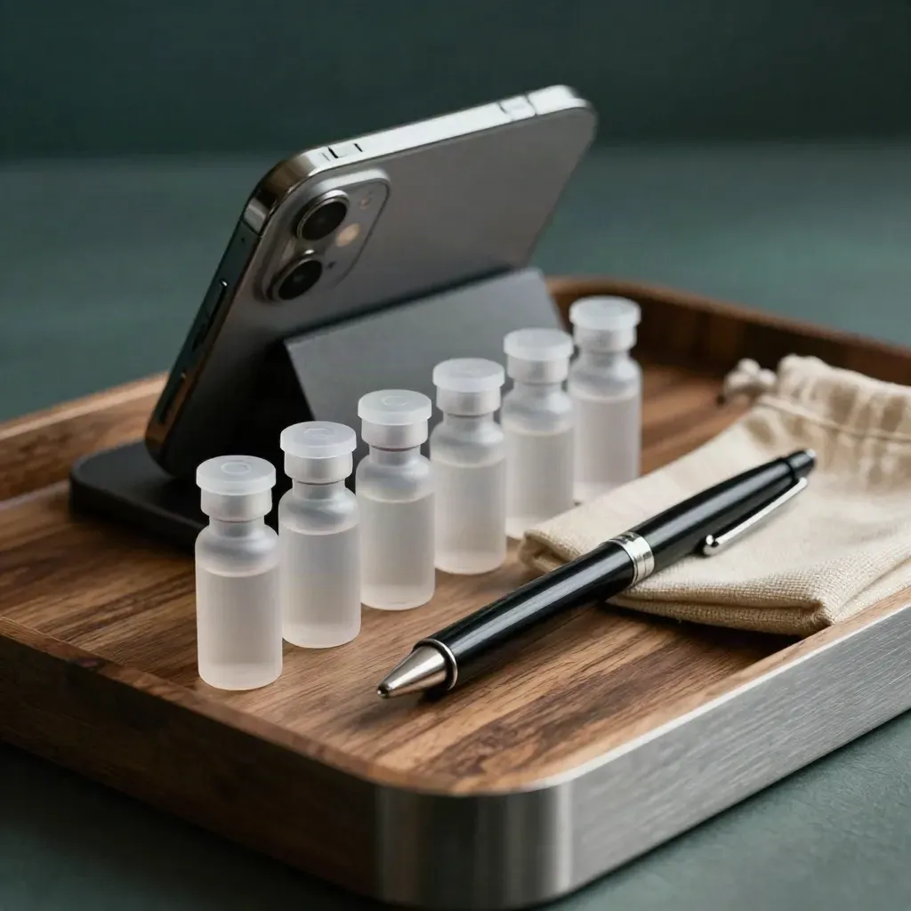 Macro still life of CBD client-care tools with sample vials, phone cradle, pen and linen pouch.