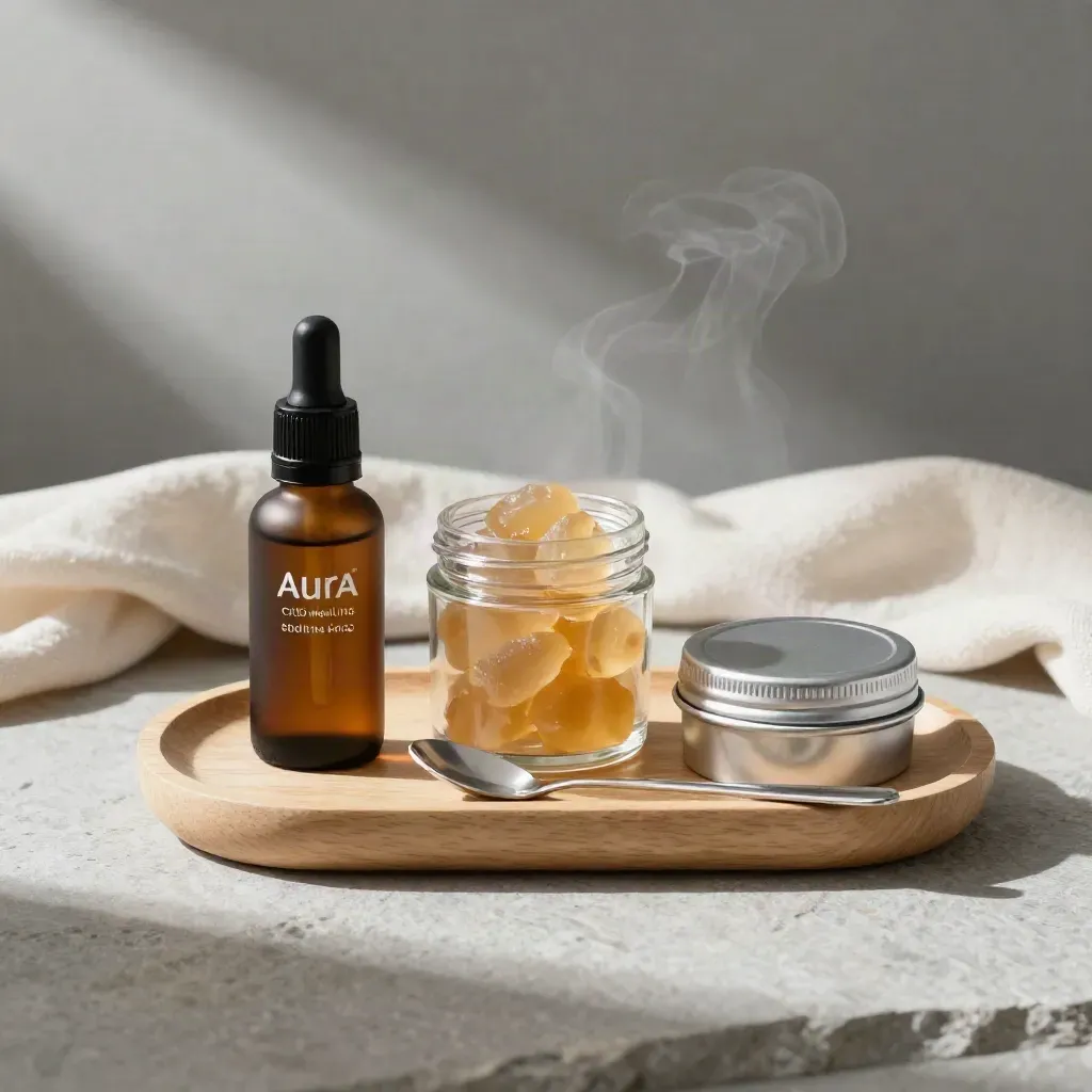 CBD tincture, gummies and topical tin on a stone tray with spoon and steam.