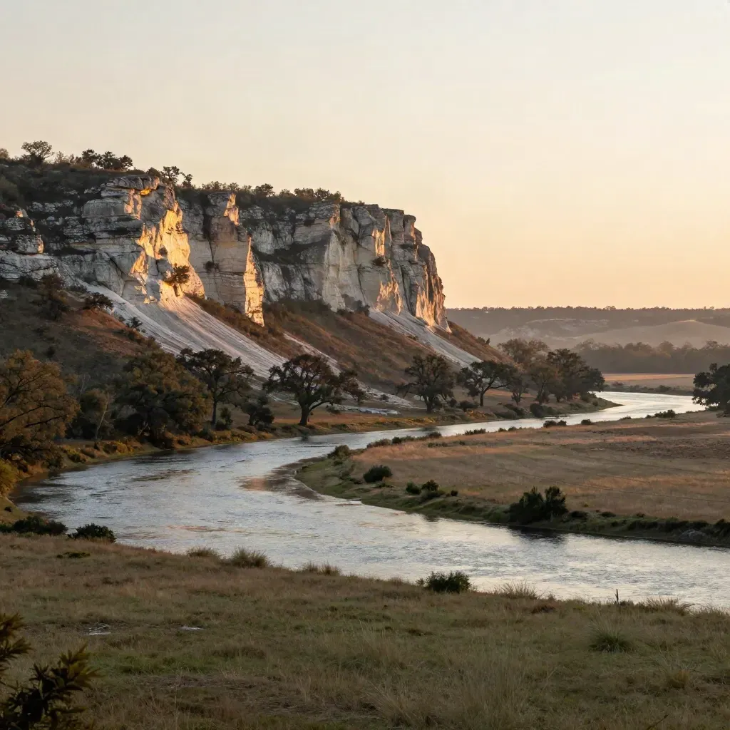 Sunrise over Central Texas hills, pale bluff, river bends, and open grassy ranchland