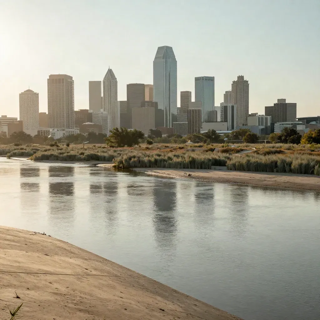 Dallas skyline above quiet Trinity River flats in warm golden haze